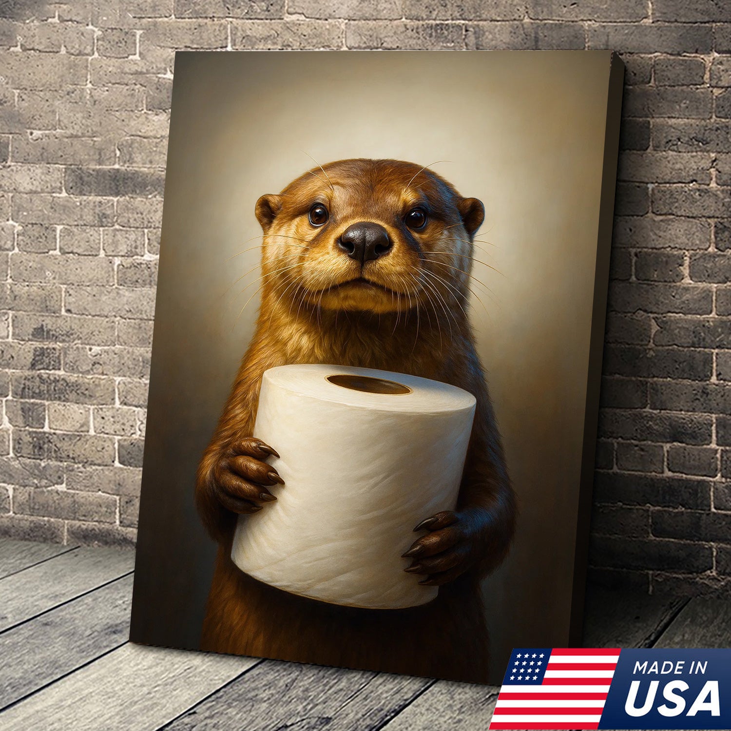 Funny Otter Canvas Wall Art - Cute Bathroom Decor with Toilet Paper - Rustic Wildlife Print