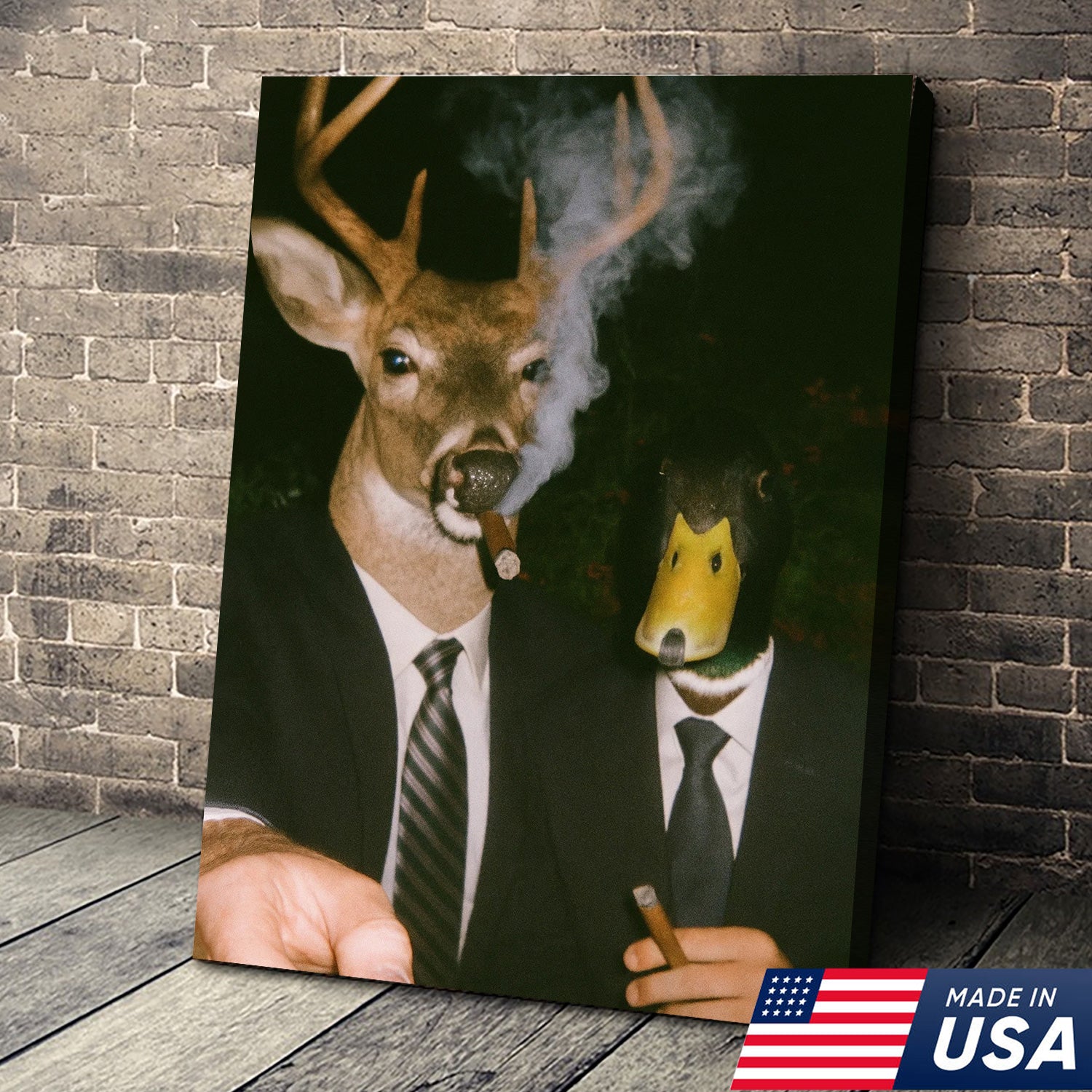 Funny Deer and Duck Canvas Wall Art - Hilarious Animal Duo in Suits - Unique Wildlife Artwork for Home Decor