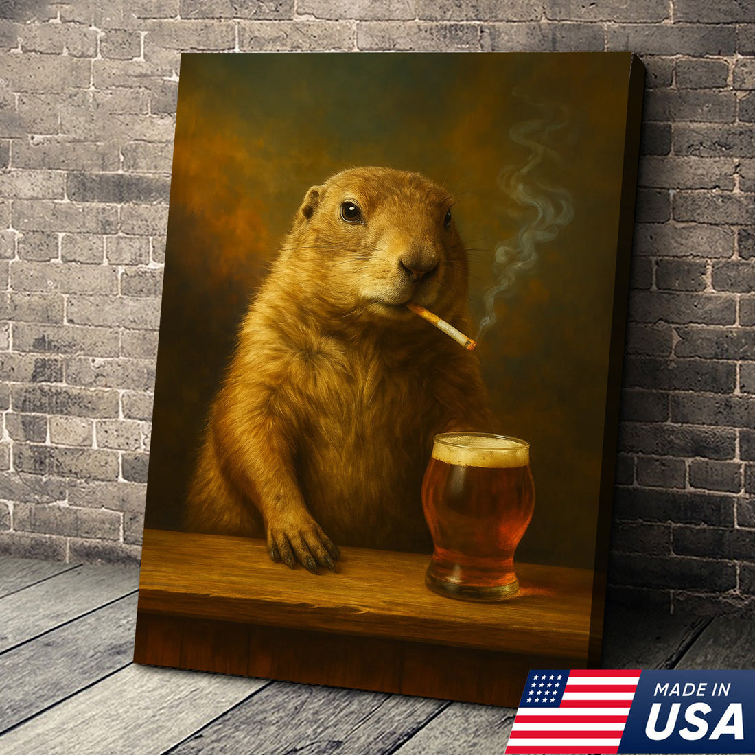 Rustic Prairie Dog Canvas Wall Art – Funny Wildlife Bar Scene with Beer – Hunting Cabin Lodge Decor