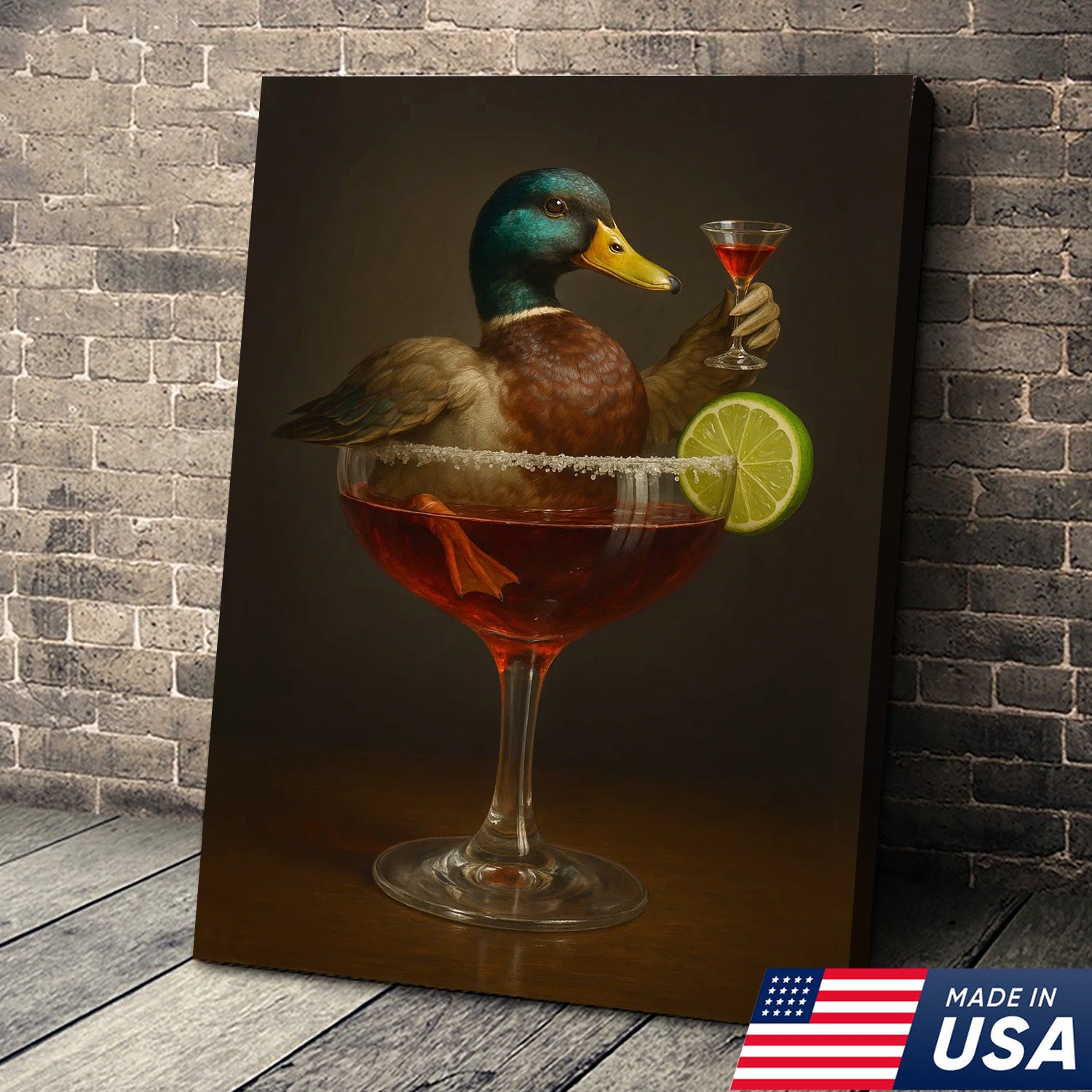 Funny Mallard Duck Canvas Wall Art - Quirky Animal in Cocktail Glass Design - Unique Wildlife Artwork for Home Decor