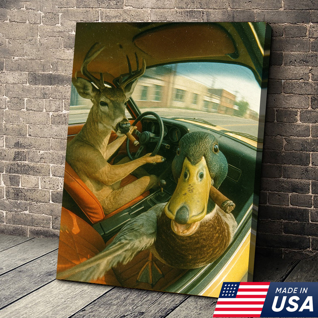 Wild Road Trip Canvas Wall Art – Deer & Duck Adventure Scene – Quirky Rustic Cabin Decor