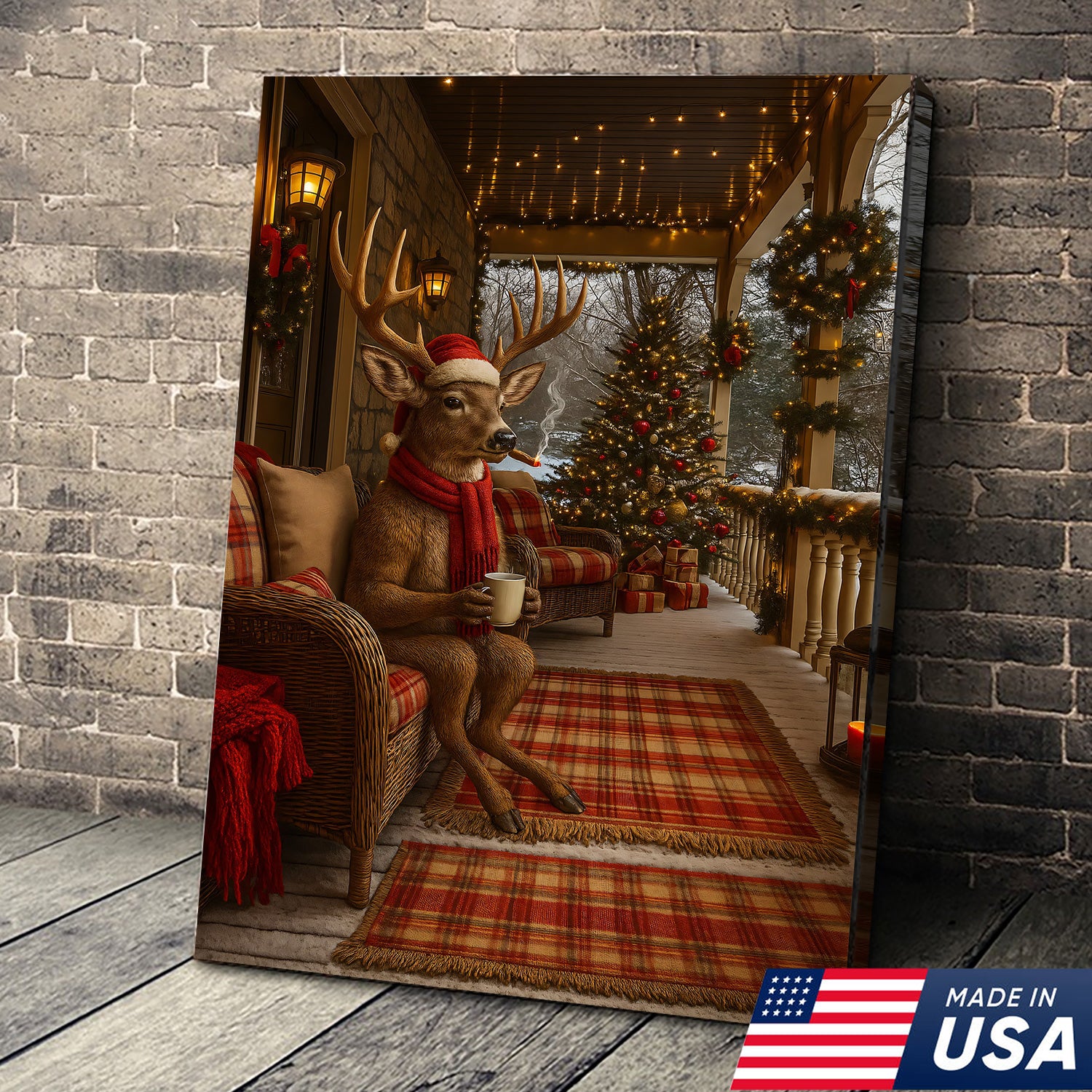 Christmas Deer Porch Canvas Wall Art, Cozy Cabin Reindeer With Scarf Holiday Print, Rustic Plaid Farmhouse Christmas Decor