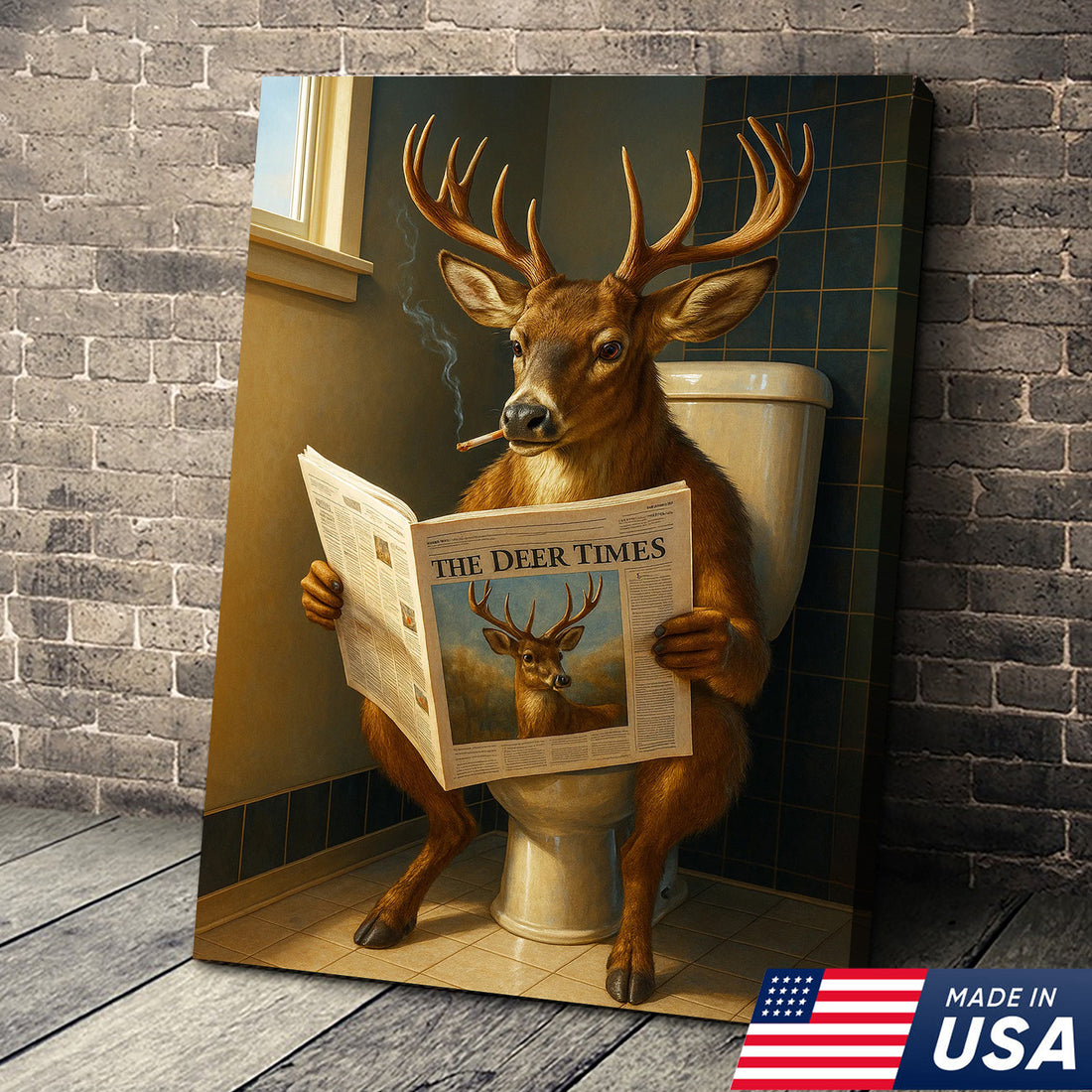 Funny Deer Canvas Wall Art – Buck Reading Newspaper on Toilet – Whitetail Deer Bathroom Humor Hunting Lodge Decor