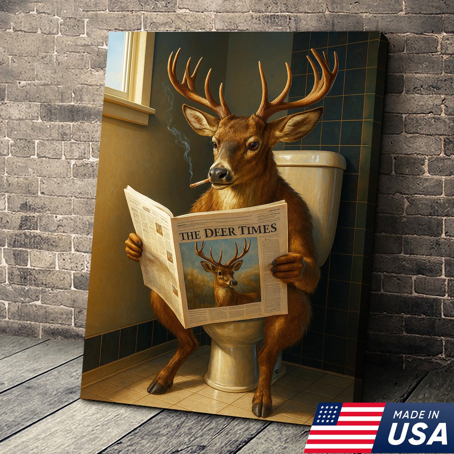 Funny Deer Canvas Wall Art – Buck Reading Newspaper on Toilet – Whitetail Deer Bathroom Humor Hunting Lodge Decor