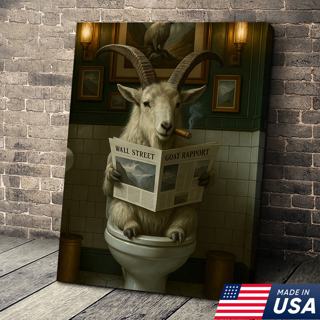Funny Mountain Goat Bathroom Wall Art – Rustic Hunting Cabin Toilet Humor Canvas