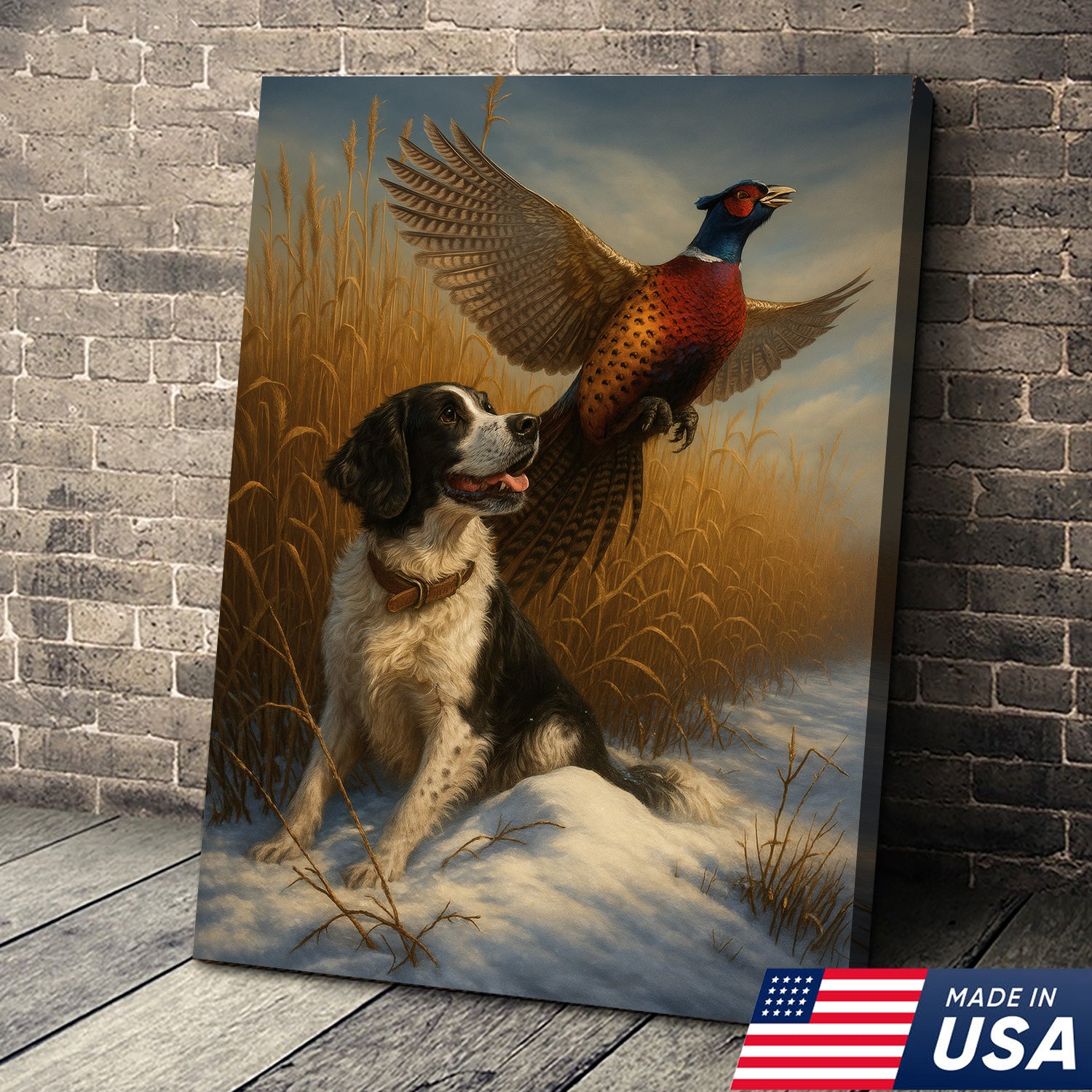 Hunting Dog & Pheasant in Winter Field Canvas – Classic Wildlife Wall Art for Lodge & Nature Decor