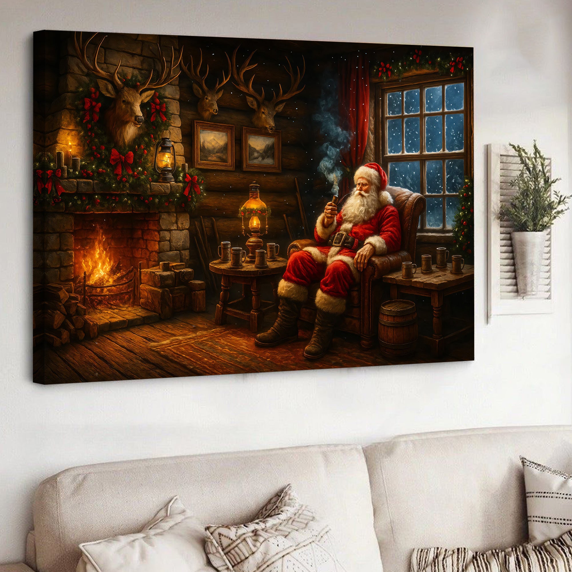 Christmas Santa Cabin Canvas Wall Art, Rustic Fireplace Holiday Decor, Cozy Farmhouse Christmas Living Room Print