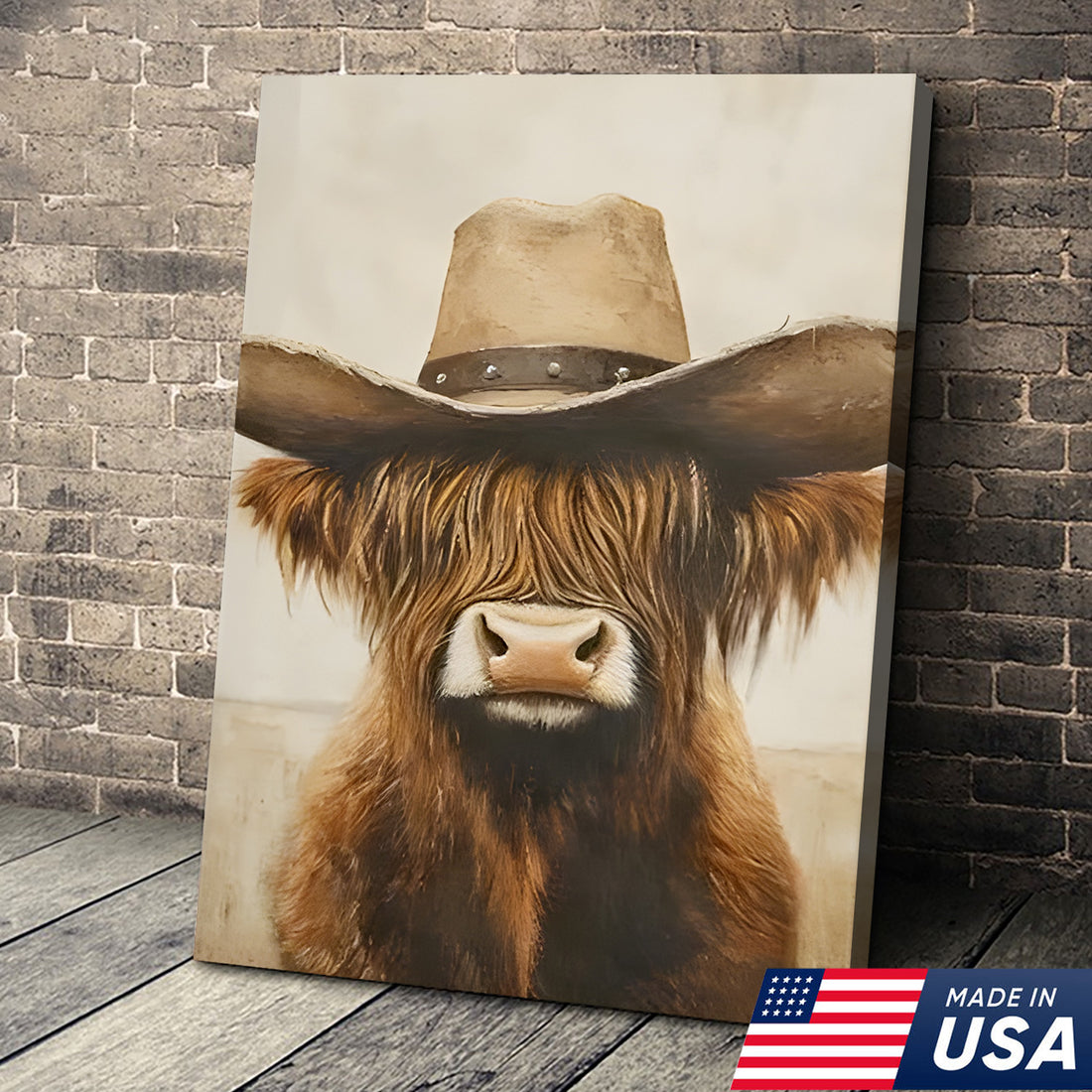 Western Farm Animal Trio Canvas Wall Art Set, Cowboy Duck Raccoon Highland Cow Portraits