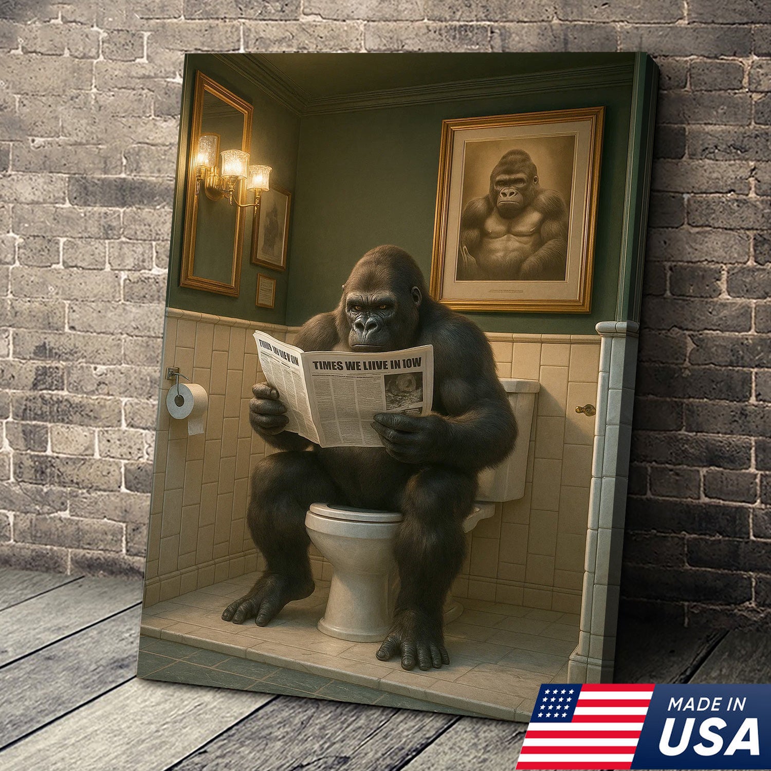 Funny Gorilla Bathroom Wall Art Canvas, Toilet Humor Decor for Men’s Restroom