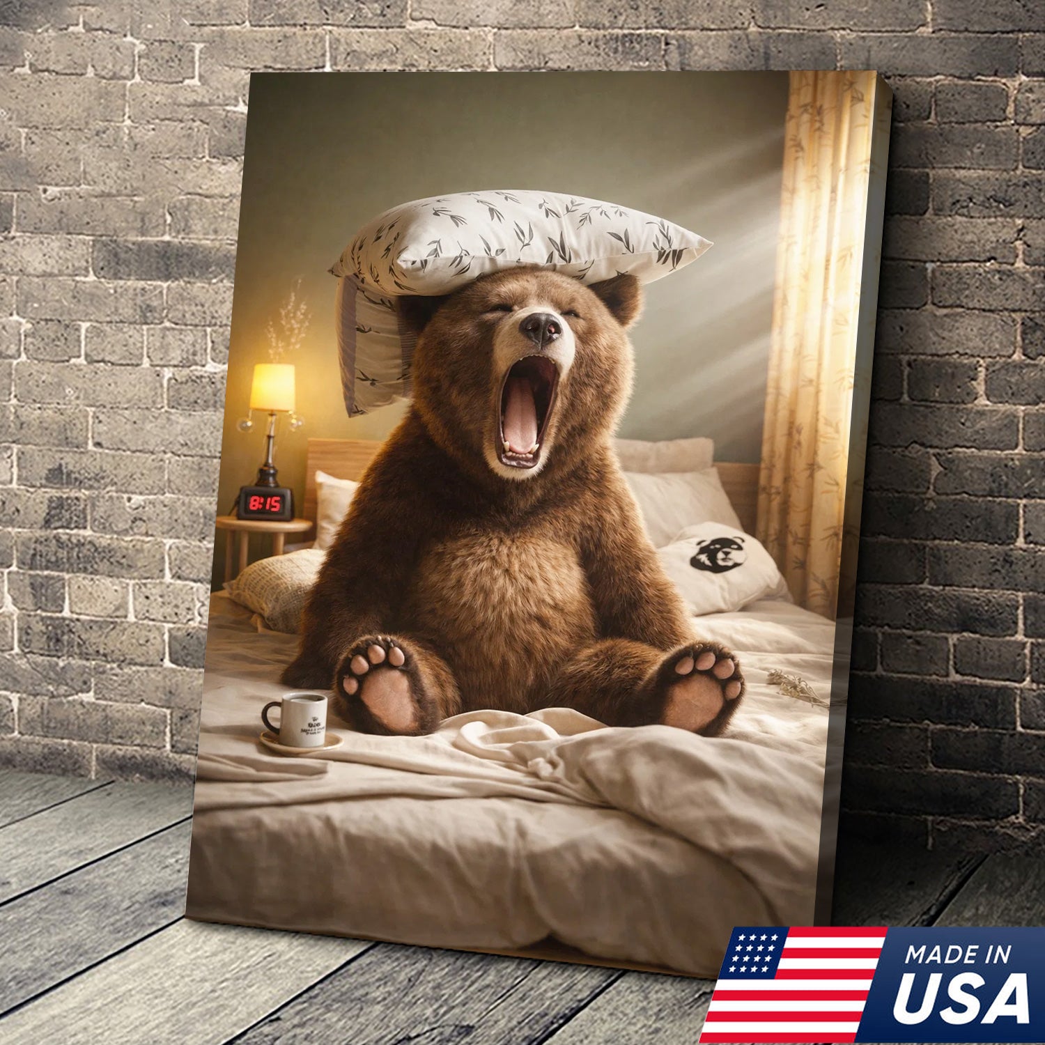 Funny Sleepy Bear Canvas Wall Art, Yawning Bear in Bed with Pillow, Cozy Bedroom Animal Art