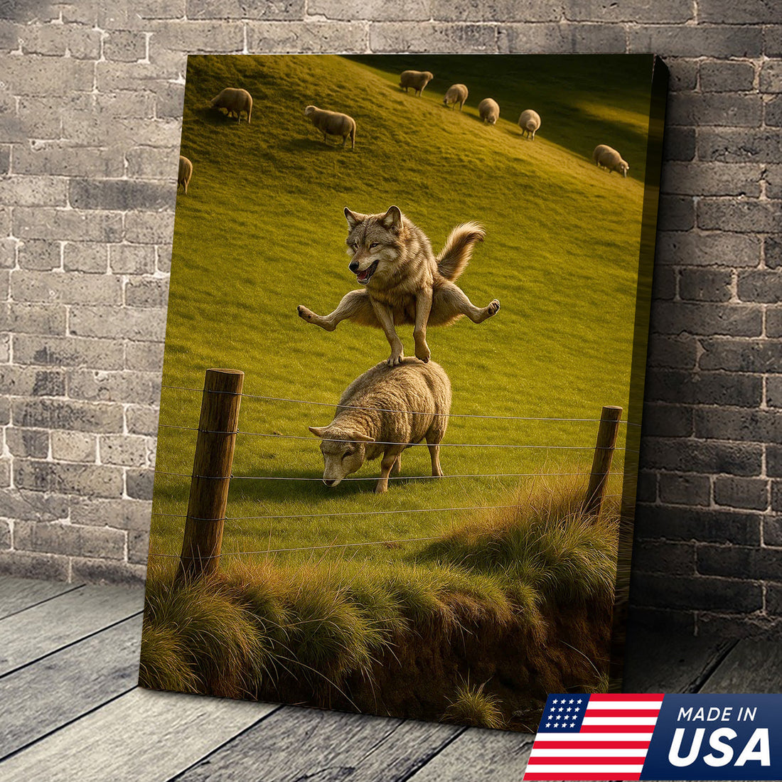 Funny Wolf and Sheep Canvas Wall Art - Hilarious Animal Jump Scene, Rustic Farmhouse Decor for Living Room & Cabin