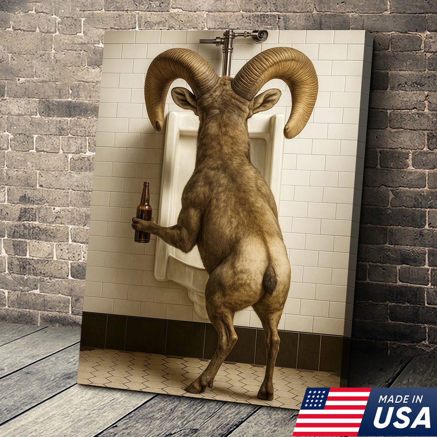 Humorous Big Horn Sheep Canvas Wall Art - Rustic Lodge Bathroom Decor for Cabin and Farmhouse - Wildlife Lover Gift