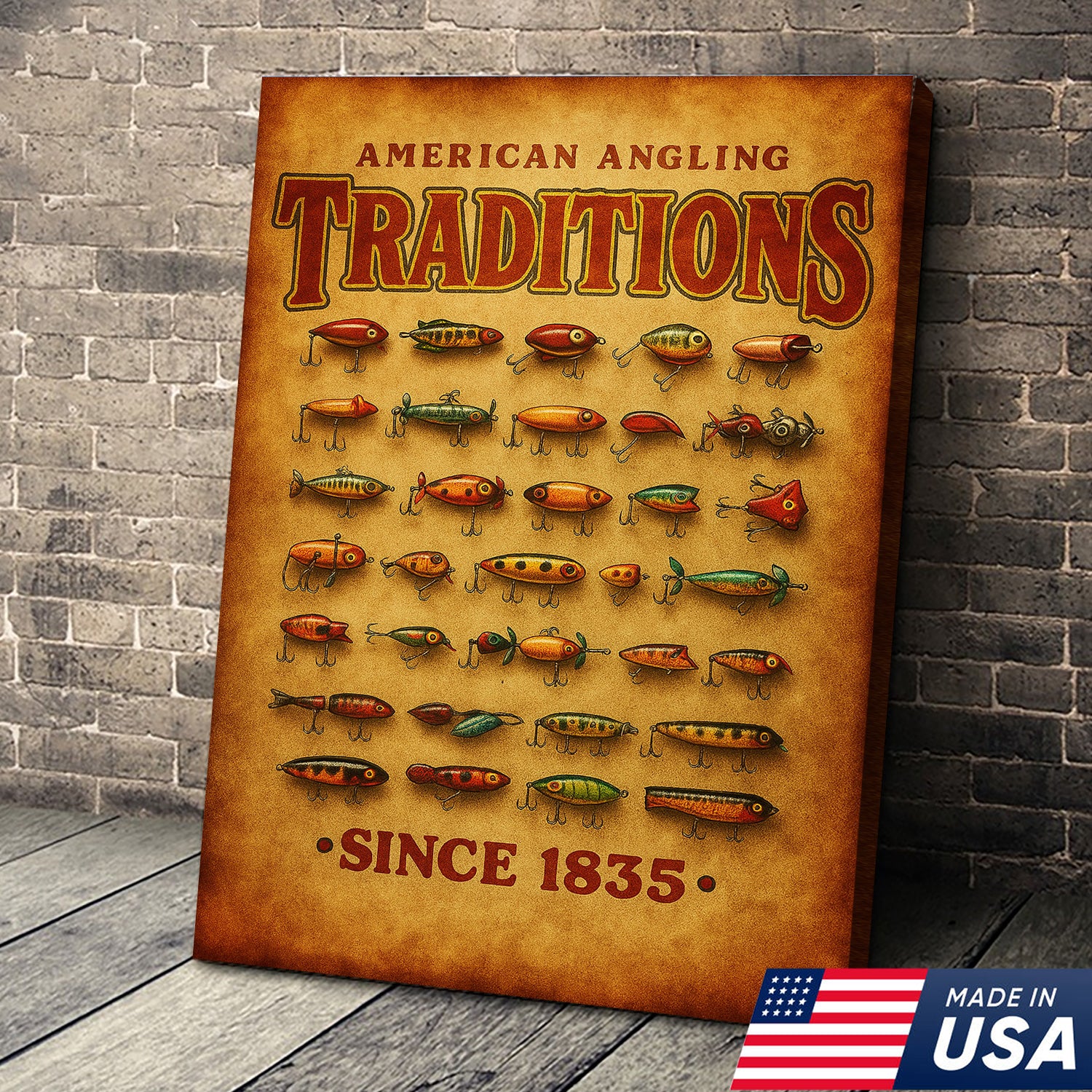Vintage Fishing Lures Canvas Wall Art – Rustic Angling Lodge Decor Gif –  Buckindad
