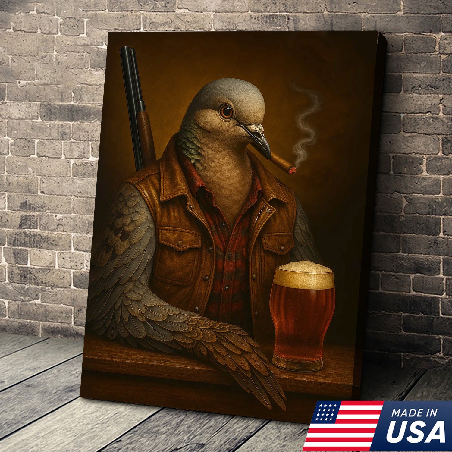 Mourning Dove Canvas Wall Art – Surreal Hunter Portrait with Beer Glass, Rustic Lodge Decor