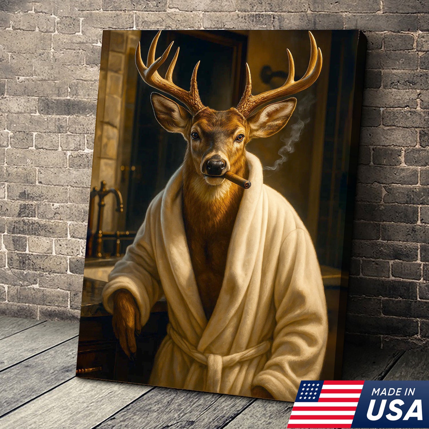 Deer Canvas Wall Art – Stylish Buck in Bathrobe Smoking Cigar Rustic Bathroom Decor for Hunters