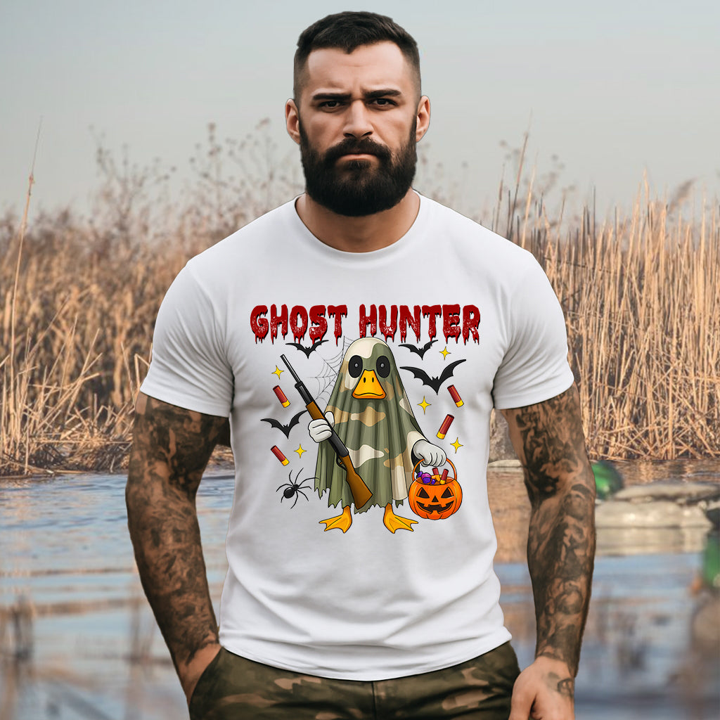 Spooky Duck Hunter T-Shirt – Camo Ghost with Pumpkin & Gun – Halloween Gift