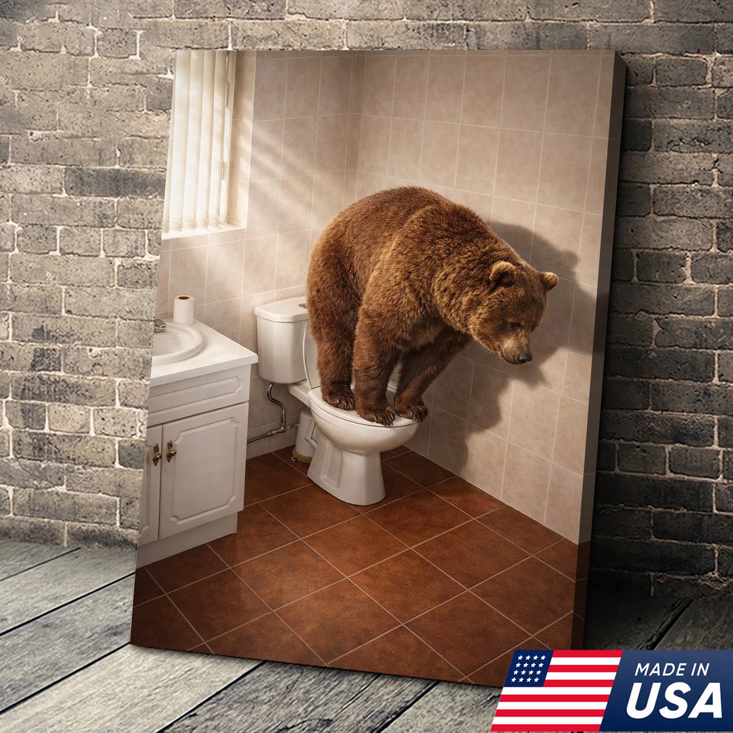 Funny Bear Toilet Canvas, Bathroom Humor Wall Art, Animal Decor