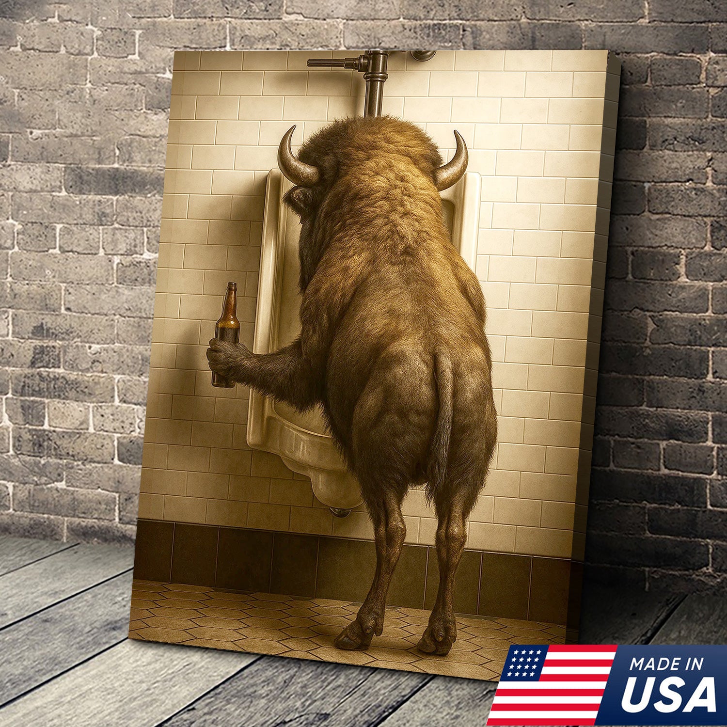 Funny Bison Canvas Wall Art - Rustic Bathroom Lodge Decor for Hunters - Unique Wildlife Cabin Print