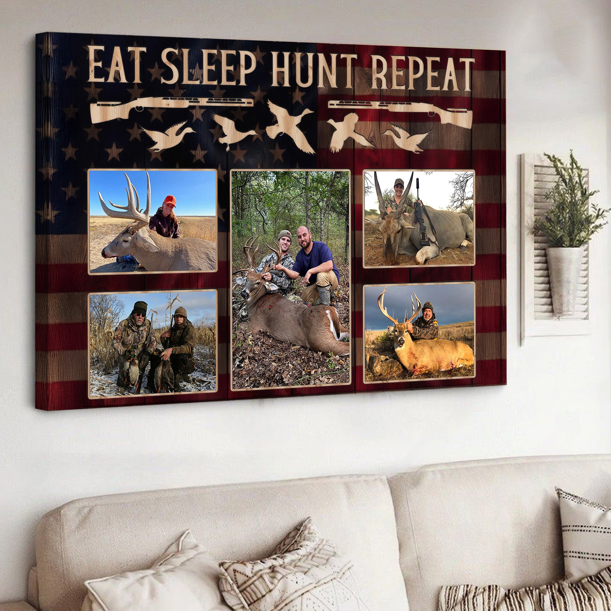 Personalized Eat Sleep Hunt Repeat Photo Collage Frame, Custom Hunting Gift for Dad, Husband & Hunters