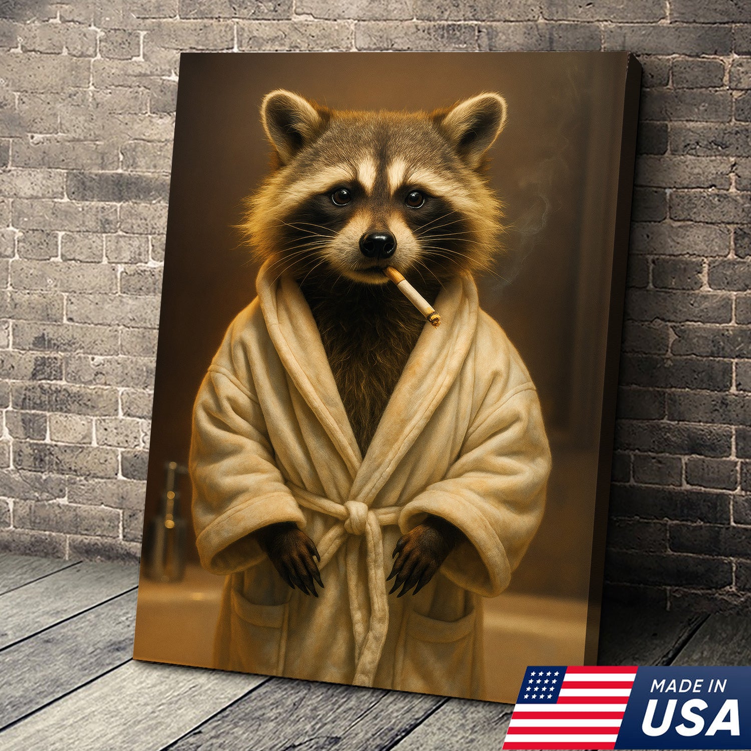 Hilarious Raccoon Bathrobe Canvas – Cozy Bathroom Humor Wall Art, Man Cave Decor