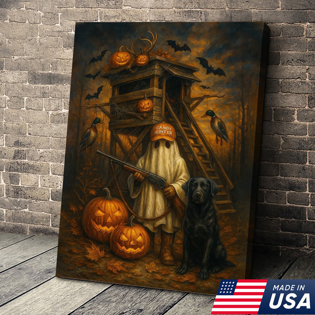 Halloween Canvas Wall Art – Ghost Hunter and Black Lab, Pumpkins, Bats and Ducks – Rustic Fall Farmhouse Hunting Decor