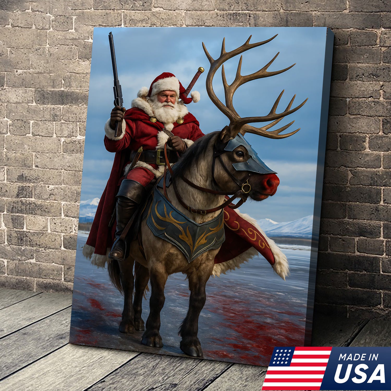 Epic Santa Riding Reindeer Canvas Wall Art, Fantasy Warrior Santa on Armored Reindeer Poster, Winter Christmas Wall Decor Print
