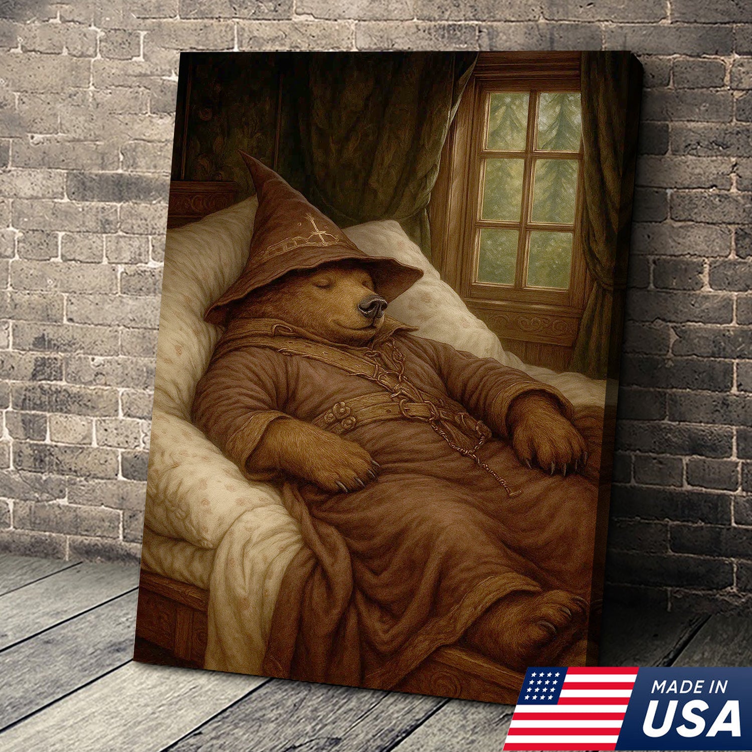Sleeping Wizard Bear Canvas Wall Art, Cozy Fantasy Animal Poster
