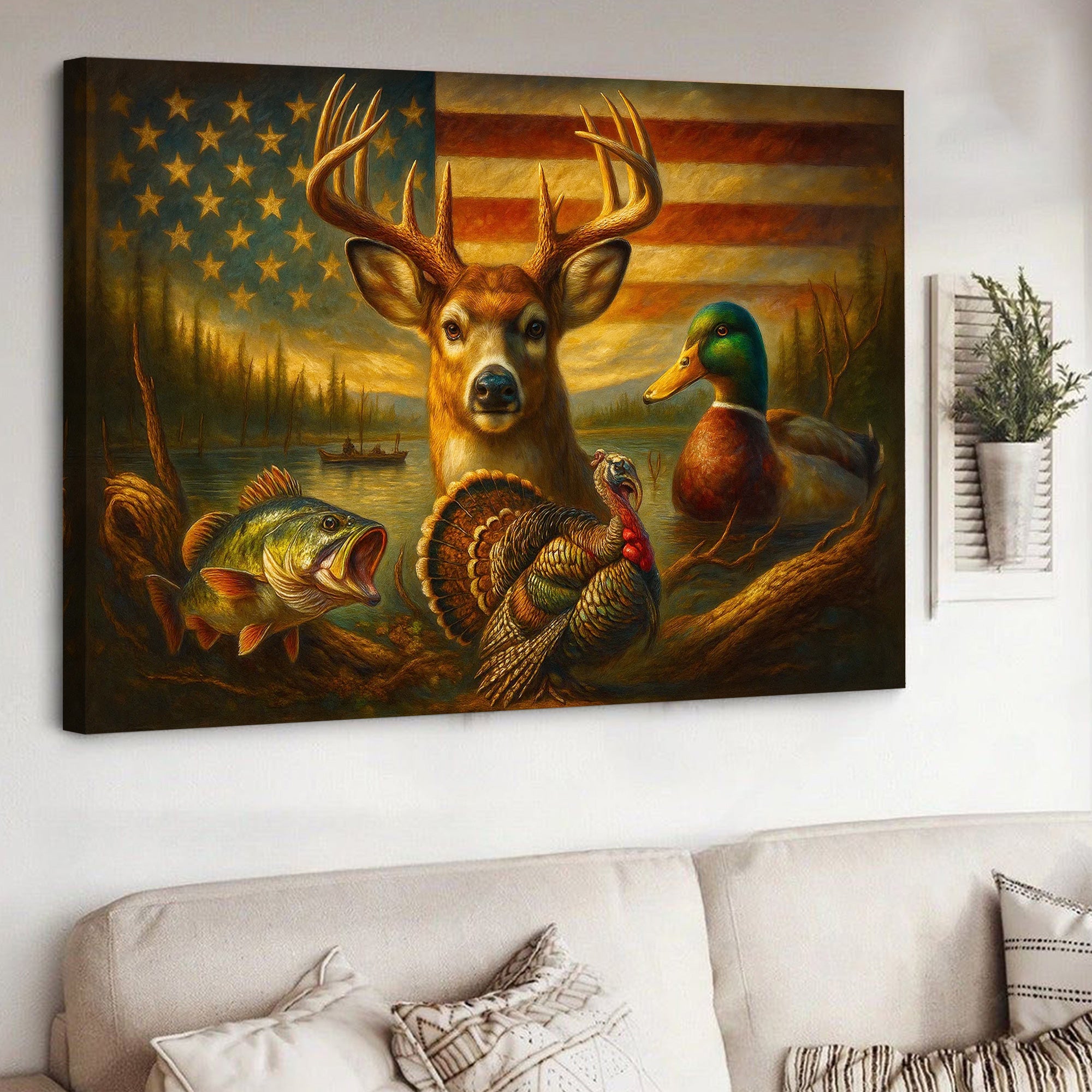 American Flag Hunting Canvas Wall Art – Whitetail Buck, Wild Turkey, Mallard Duck & Largemouth Bass – Patriotic Decor