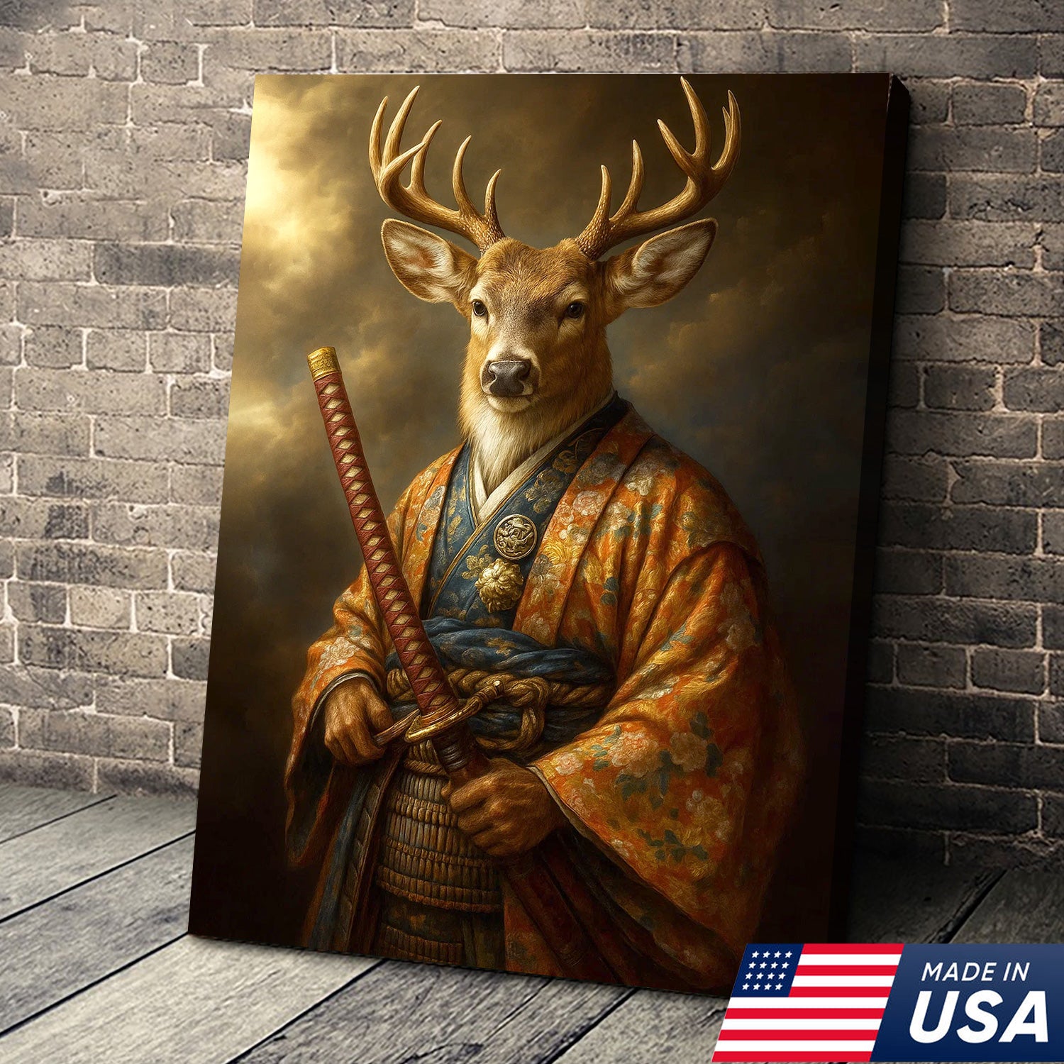 Deer Canvas Wall Art – Majestic Samurai Buck with Katana Warrior Rustic Lodge Decor