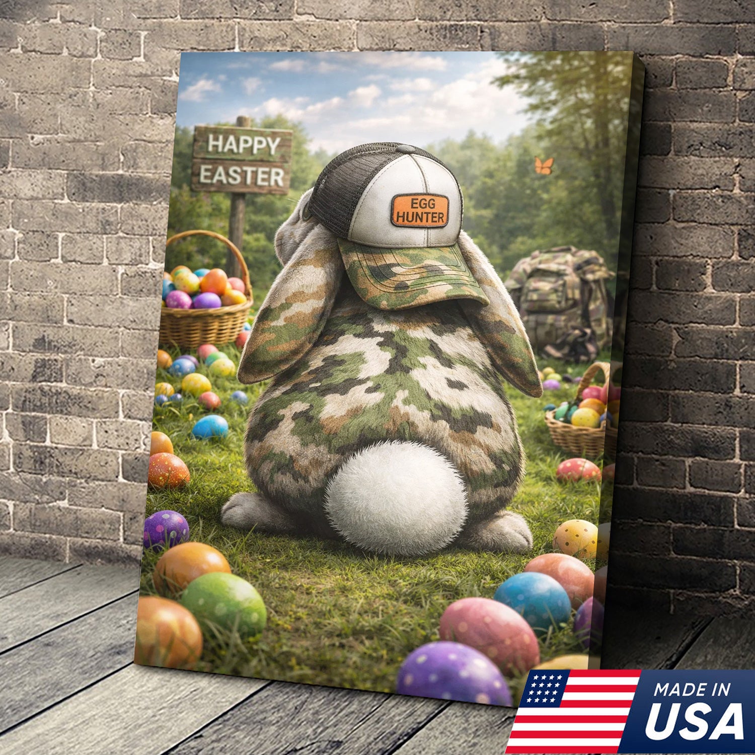 Funny Easter Bunny Hunter Canvas Wall Art, Camo Rabbit with Egg Hunter Hat