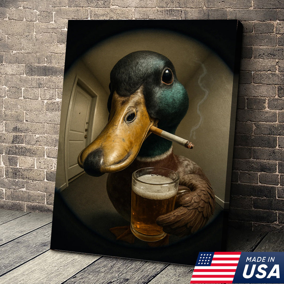Mallard Duck Fisheye Canvas Wall Art – Funny Close-Up Door Peephole Portrait with Beer Glass– Quirky Duck Wall Decor