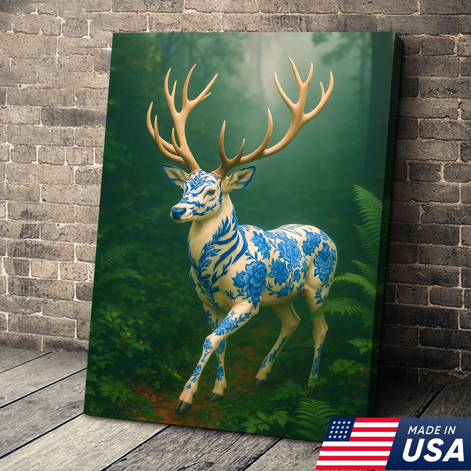 Blue Porcelain Deer Canvas, Elegant Woodland Art Print for Nature Lovers