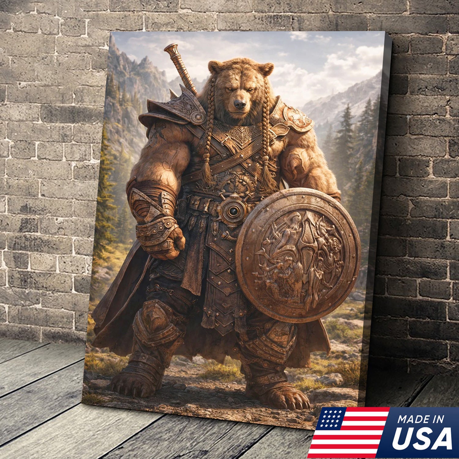 Viking Bear Warrior Canvas Wall Art – Epic Fantasy Animal Print with Sword & Shield