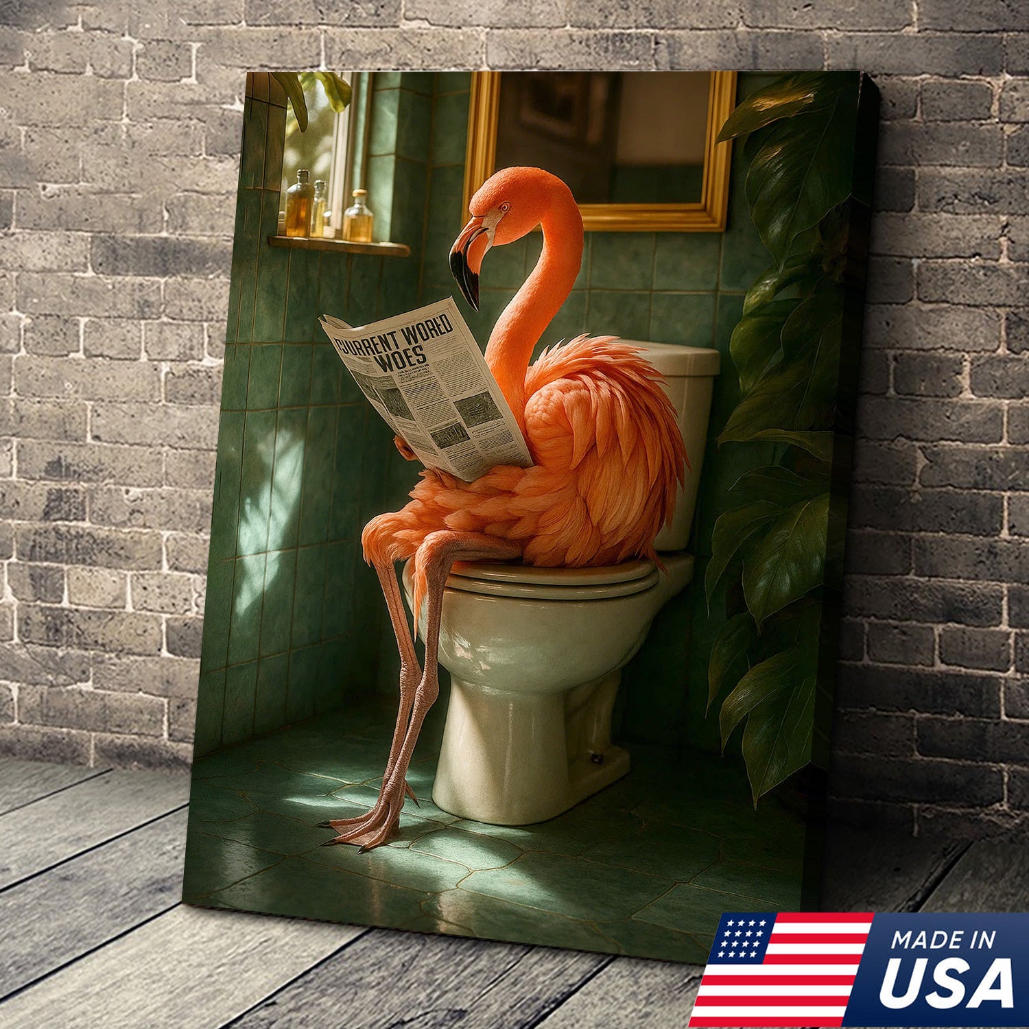 Funny Flamingo Bathroom Canvas Wall Art – Quirky Bird Reading Newspaper Print – Humorous Home Decor