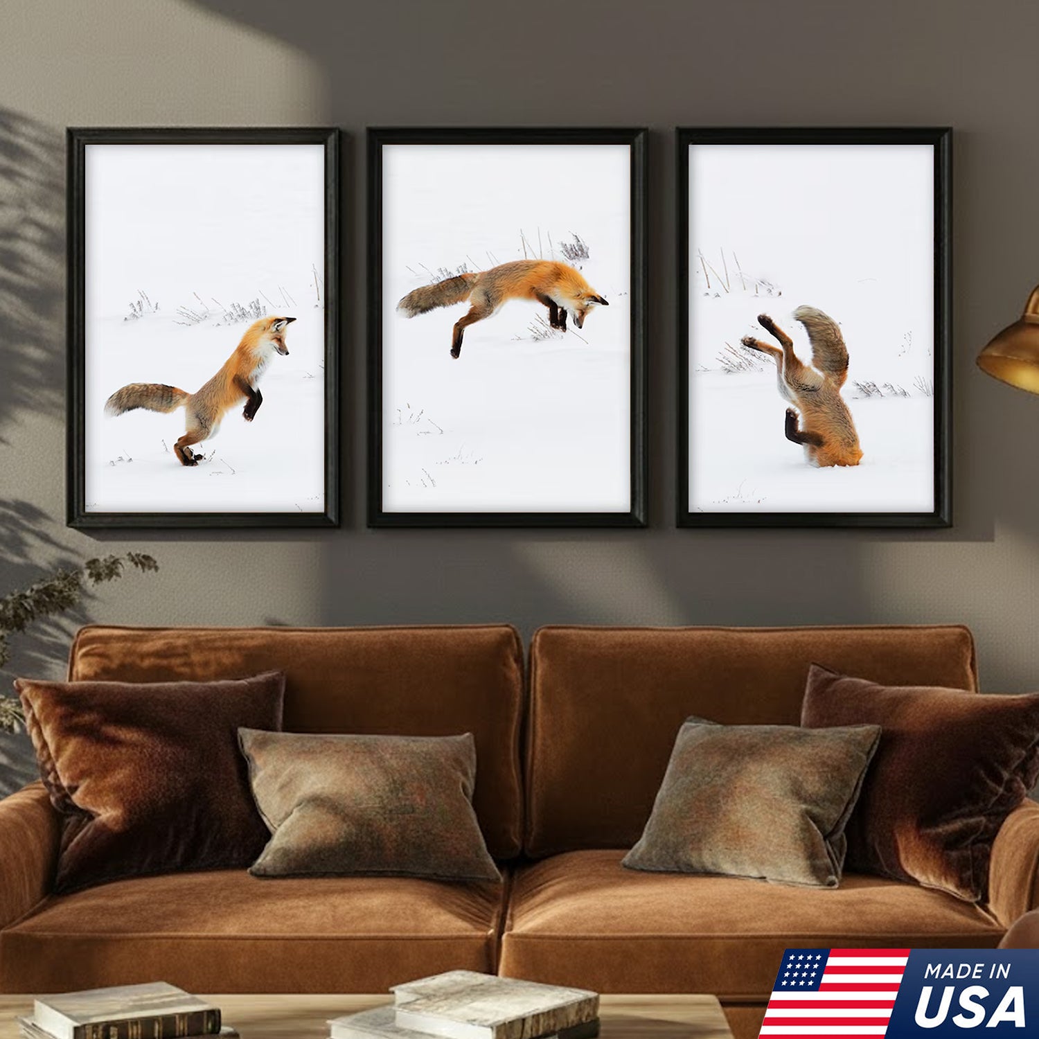 Funny Fox Snow Dive Triptych Canvas Wall Art Set, Playful Wildlife Winter Photography Prints