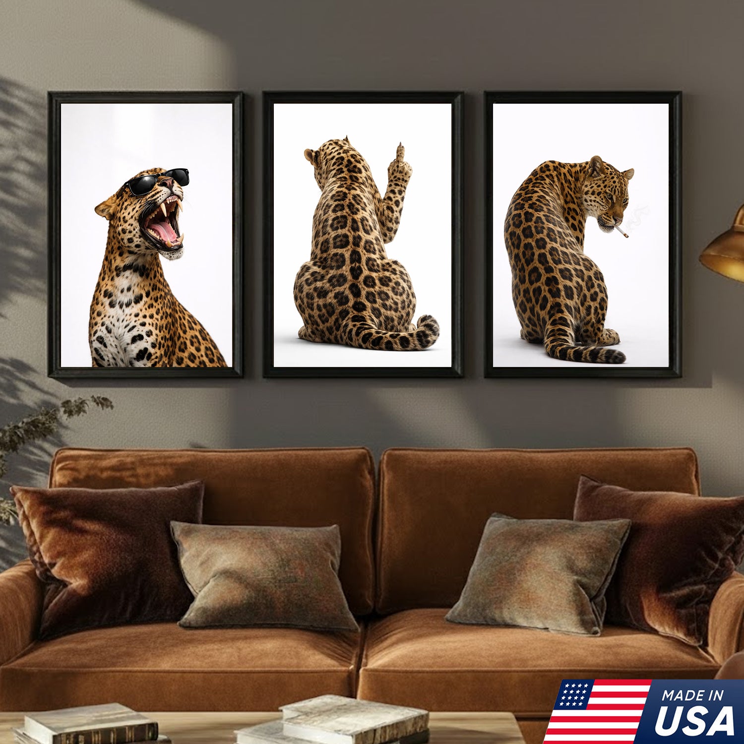 Funny Leopard Wall Art Canvas Set, Cool Animal Triptych Print