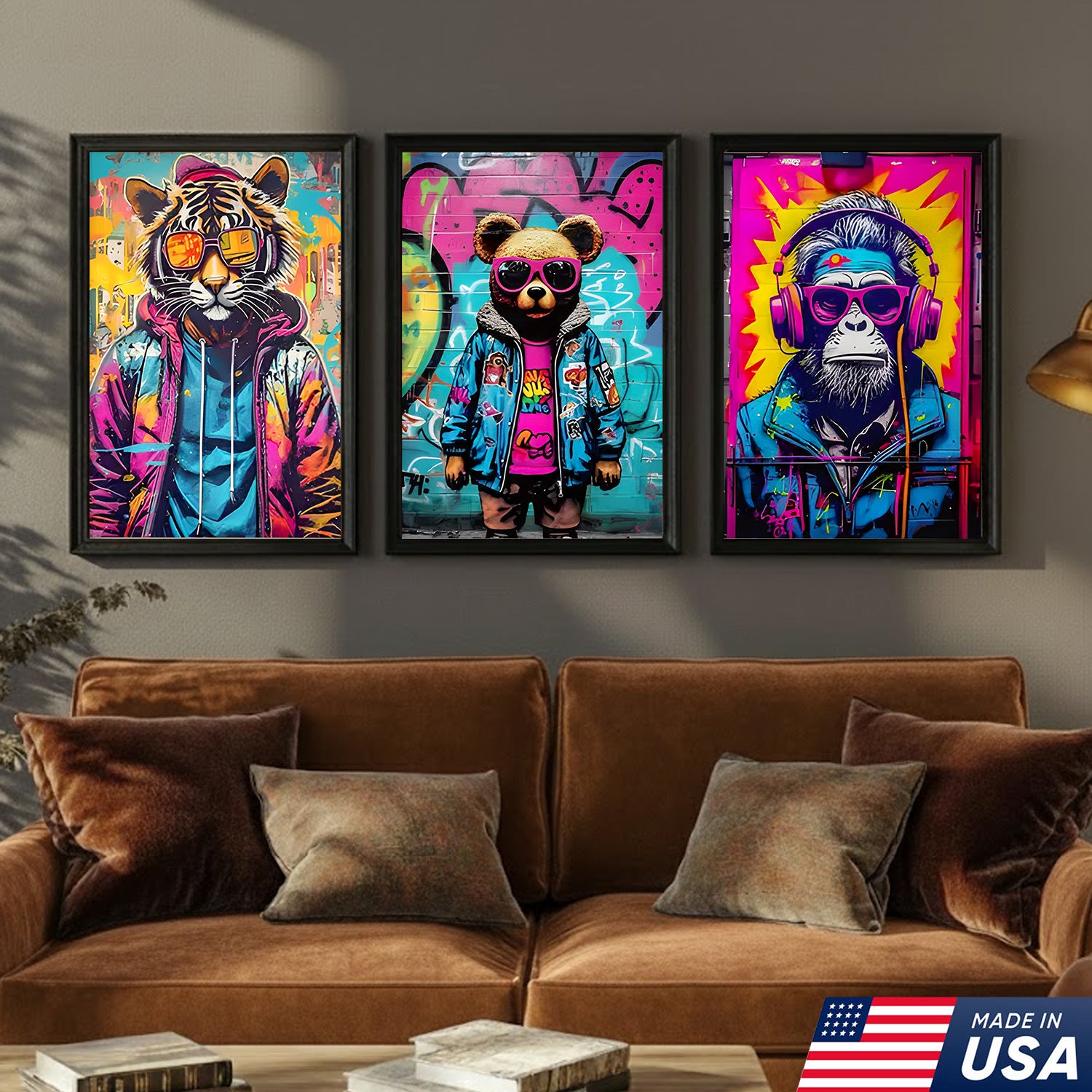 Neon Graffiti Animals Triptych Canvas Wall Art Set, Tiger Bear Gorilla Street Art Prints