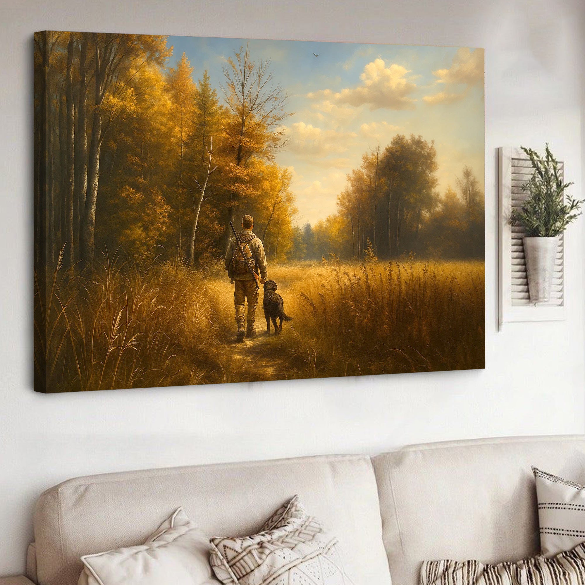 Hunting Canvas Wall Art – Hunter Walking with Dog in Autumn Forest – Rustic Wildlife Wall Decor for Cabin and Lodge