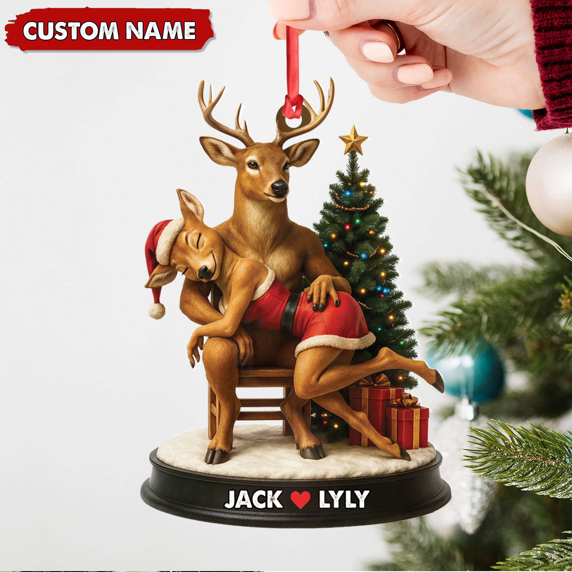 Personalized Acrylic Deer Couple Christmas Ornament – Romantic Holiday Decor for Couples & Wildlife Lovers