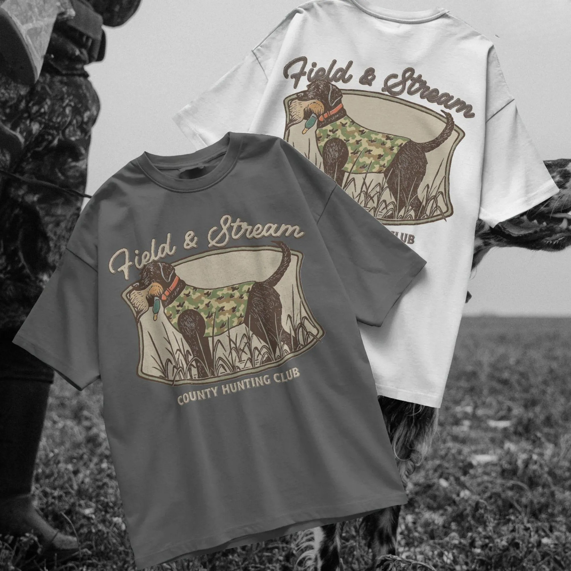 Field & Stream Hunting Dog T-Shirt, Duck Retriever Hunting Club Patch, Vintage Black Lab Camo Retro Gun Dog T-Shirt