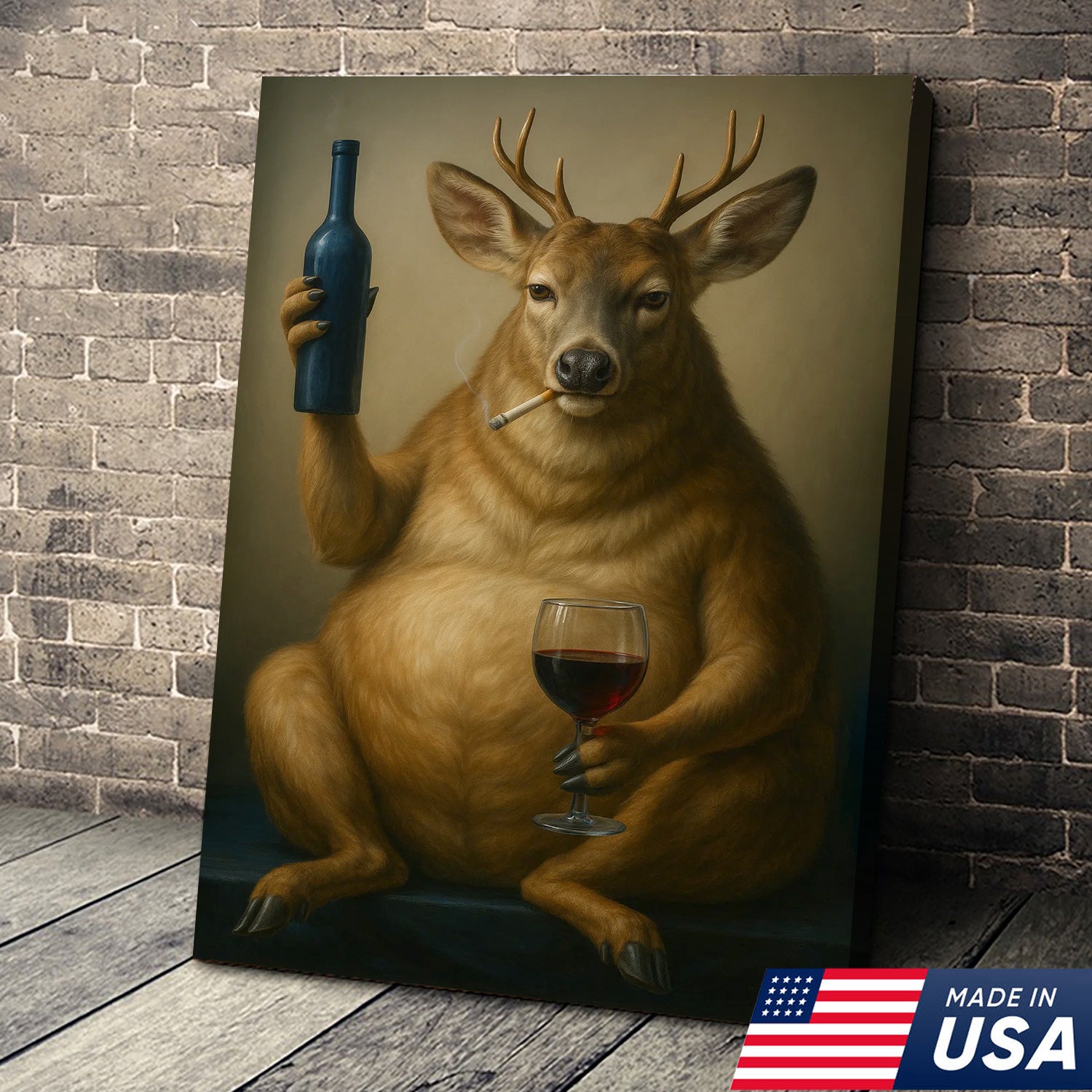 Funny Deer Wall Art Canvas – Fat Buck with Wine Glass Rustic Lodge Decor – Whimsical Wildlife Hunting Home Decoration