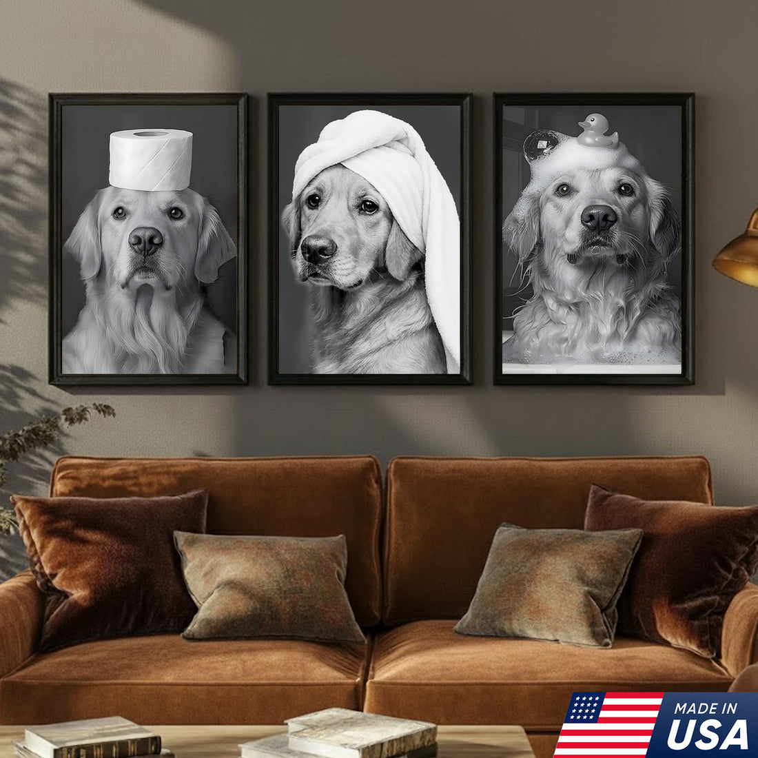 Funny Dog Bathroom Triptych Canvas Wall Art Set, Black and Golden Retriever Bath Humor