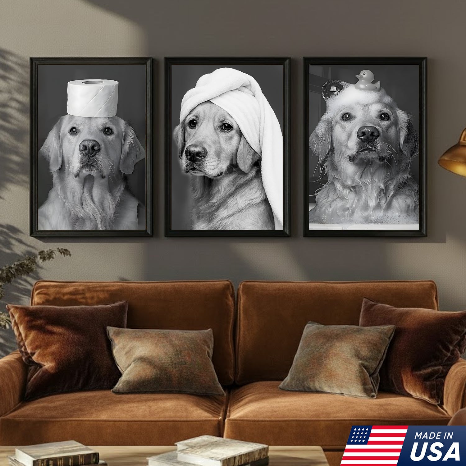 Funny Dog Bathroom Triptych Canvas Wall Art Set, Black and Golden Retriever Bath Humor