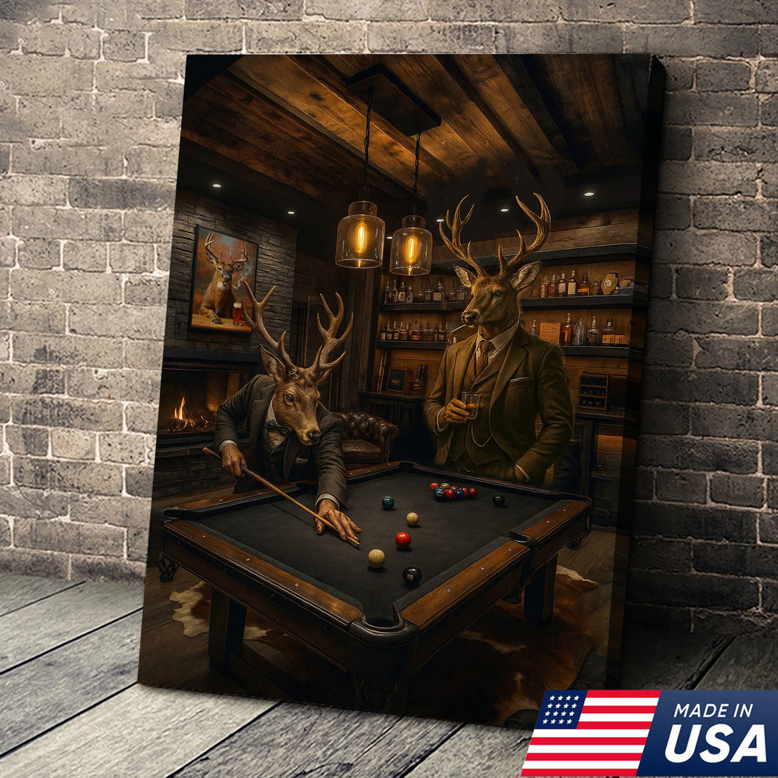 Deer Gentlemen Billiards Canvas Wall Art – Whitetail Bucks in Suits at Pool Table – Lodge Game Room Decor