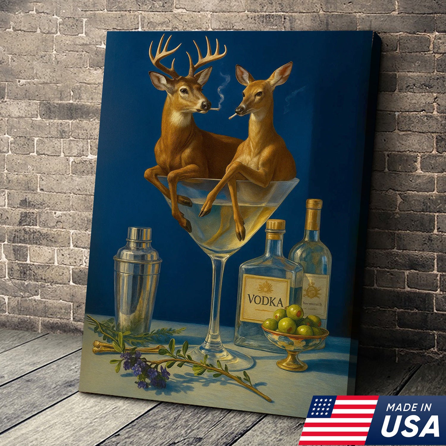 Funny Deer Couple Wall Art Canvas – Whimsical Buck and Doe in Martini Glass – Rustic Lodge Hunting Decor for Home Bar