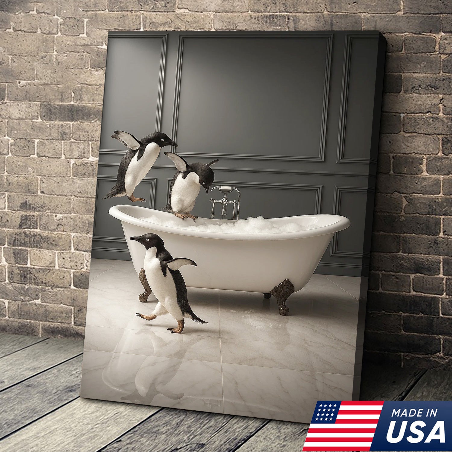 Penguin Bathroom Wall Art Canvas, Cute Penguins Bubble Bath Kids Bathroom Decor