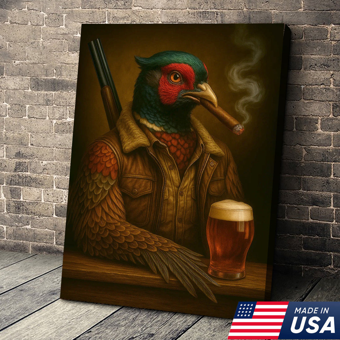 Wild Pheasant Canvas Wall Art – Surreal Hunter Portrait with Beer Glass, Bold Rustic Decor
