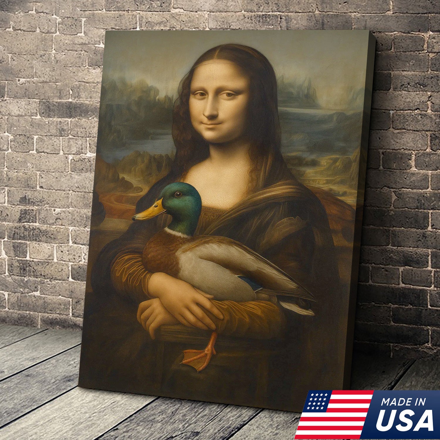 Funny Mona Lisa Duck Canvas Wall Art, Quirky Parody Painting Print for Bathroom or Office