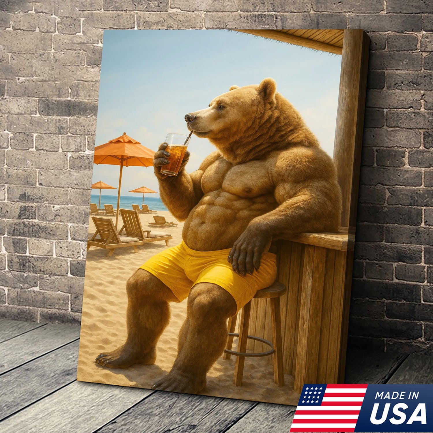 Funny Beach Bear Canvas Wall Art, Summer Vacation Animal Artwork, Humorous Muscle Bear Decor, Tropical Coastal Cabin Painting