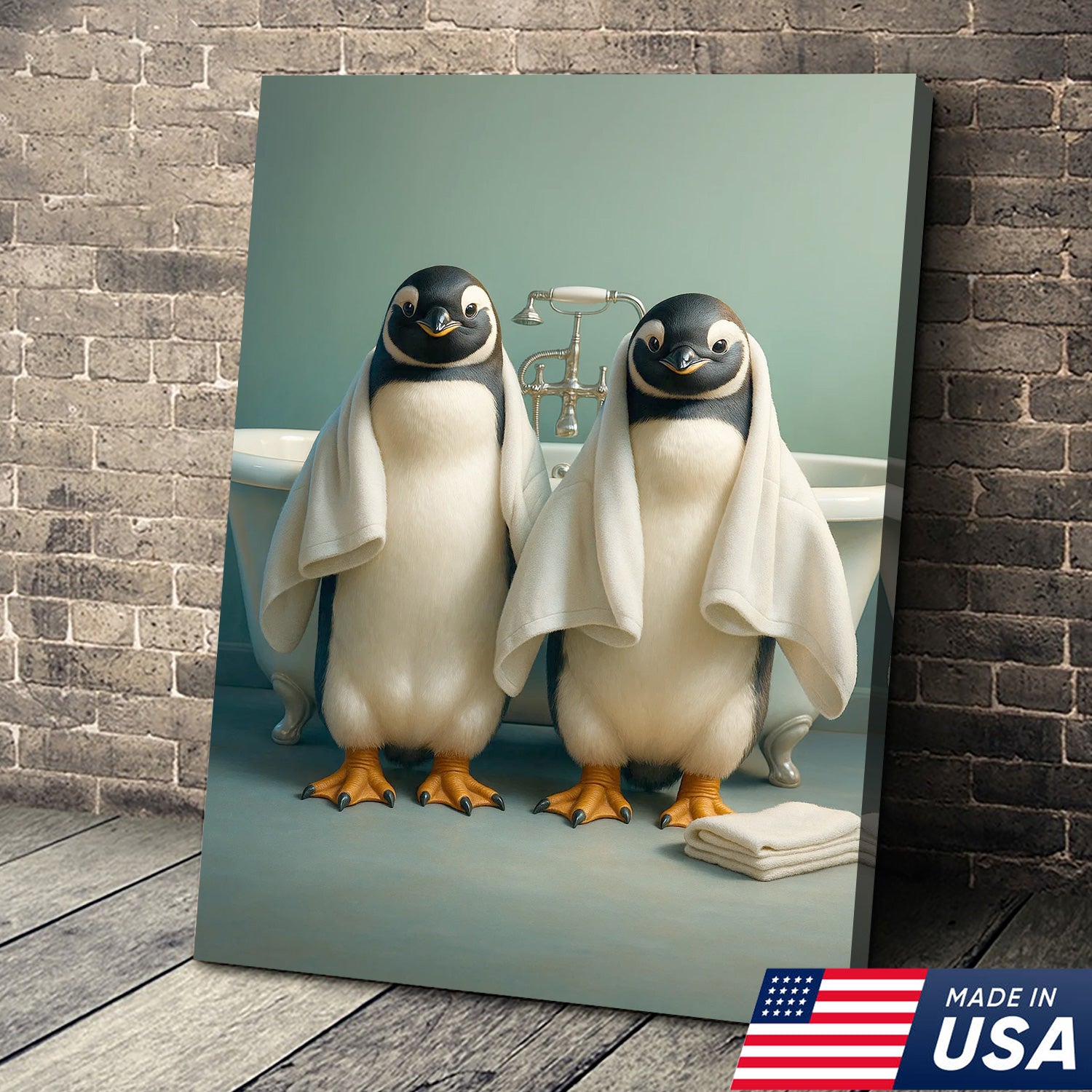 Cute Penguin Twins Bathroom Wall Art Canvas, Adorable Towel Penguins Kids Bath Decor